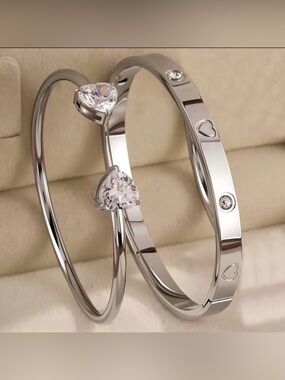 Macy's Silver-Tone Heart Crystal Bangle Set